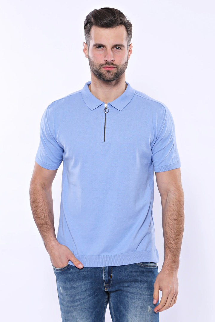 WSS Polo Neck Plain Sky Blue Knitted T-Shirt  - Singen