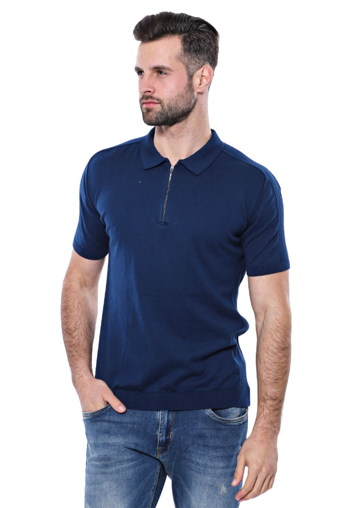 WSS Polo Neck Plain Blue Knitted T-Shirt  - Singen