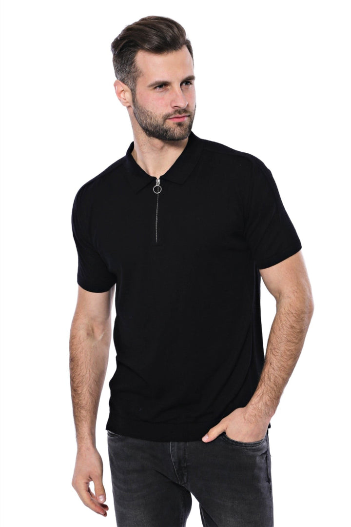 WSS Polo Neck Plain Black Knitted T-Shirt  - Singen