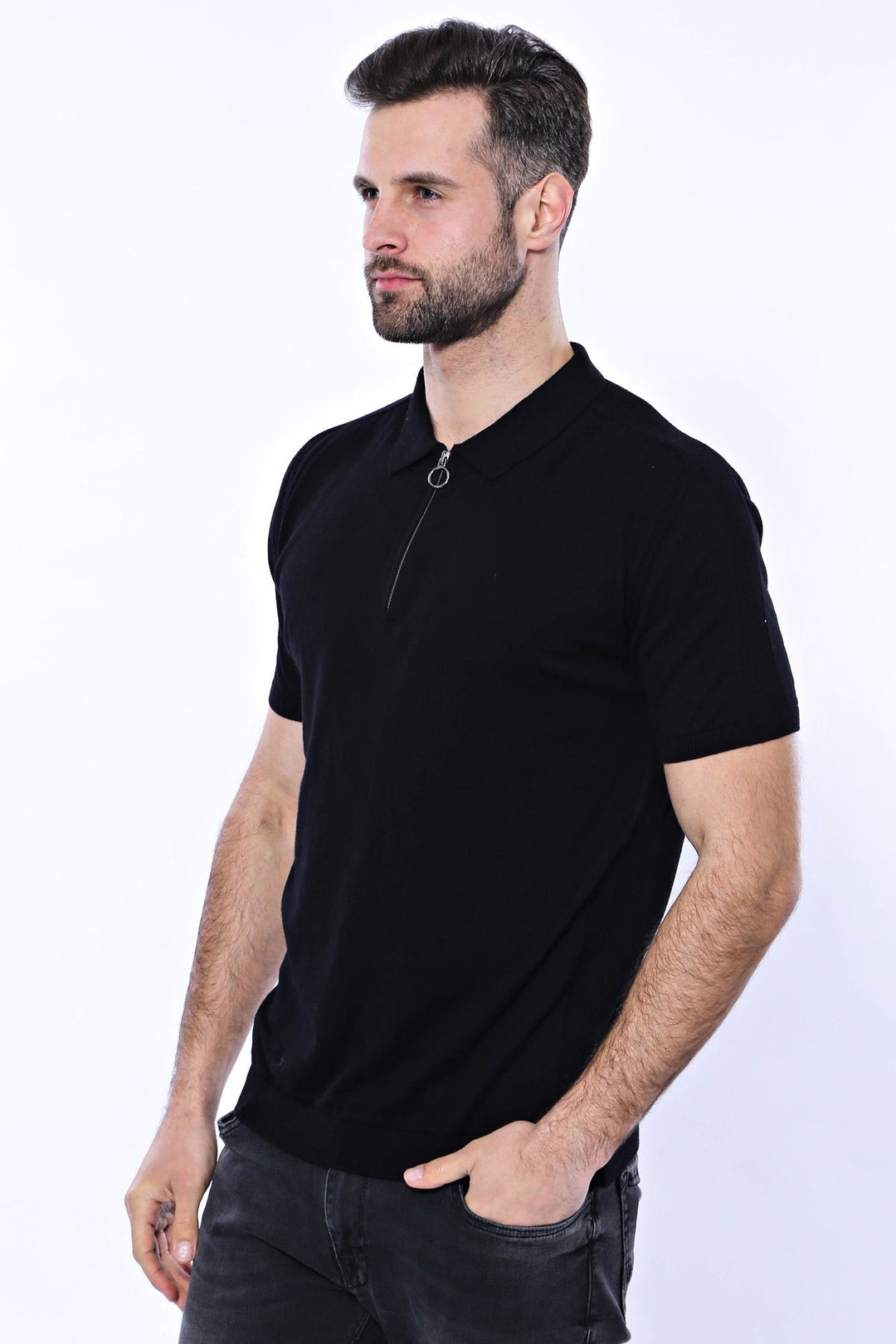 WSS Polo Neck Plain Black Knitted T-Shirt  - Singen