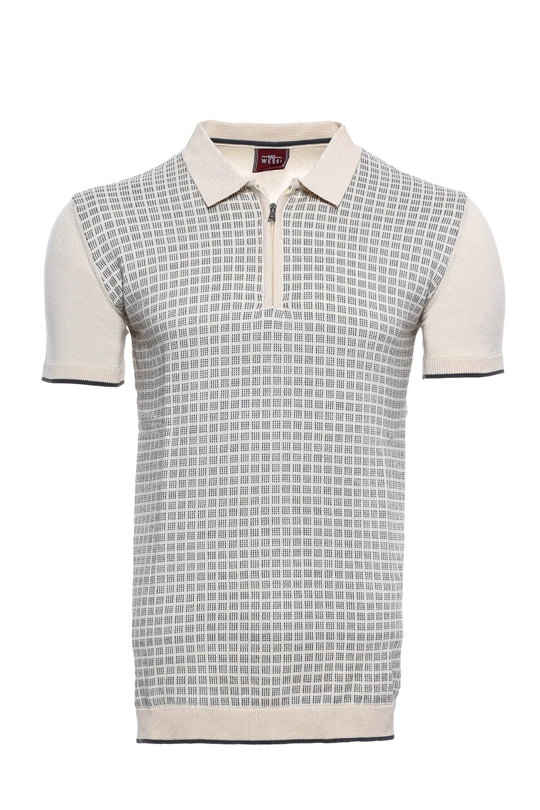 WSS Cream Plaid Zippered Polo Knitted T-Shirt  - Singen