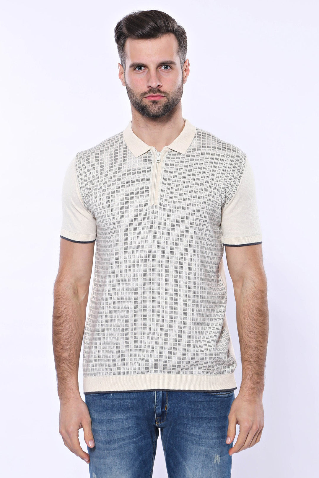 WSS Cream Plaid Zippered Polo Knitted T-Shirt  - Singen