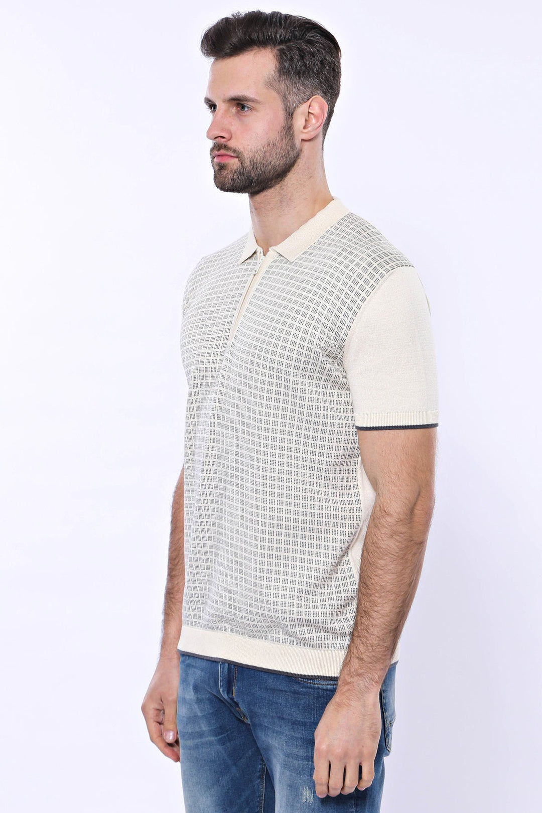 WSS Cream Plaid Zippered Polo Knitted T-Shirt  - Singen