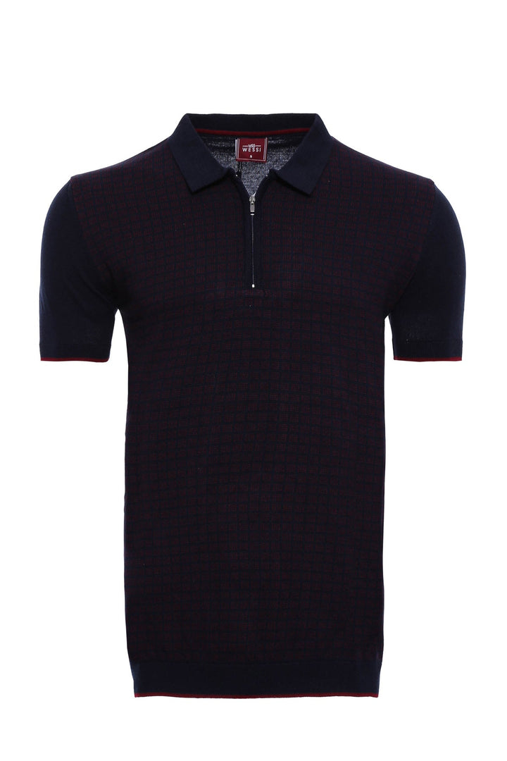 WSS Dark Blue Plaid Zippered Knitted Polo T-Shirt  - Singen