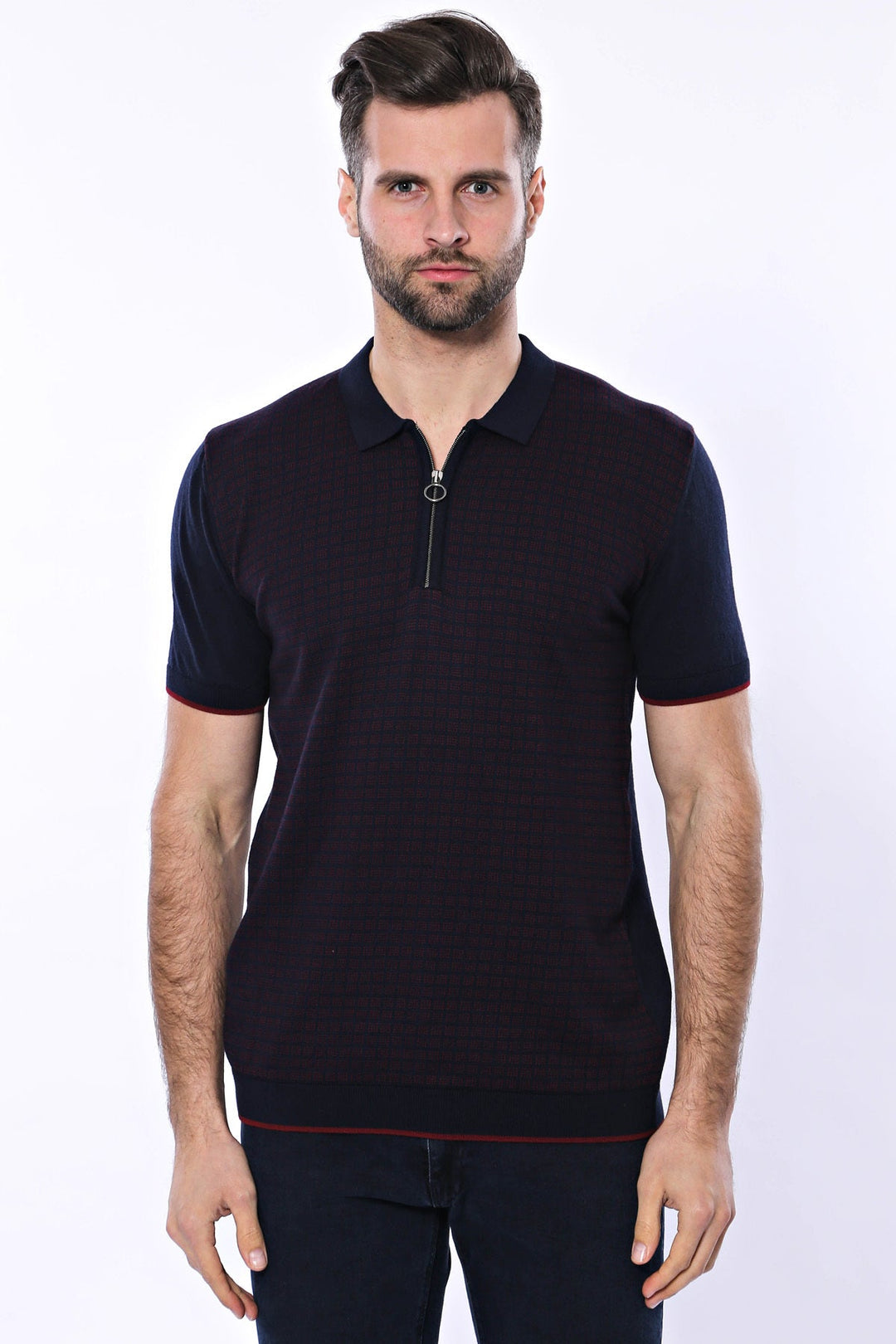 WSS Dark Blue Plaid Zippered Knitted Polo T-Shirt  - Singen