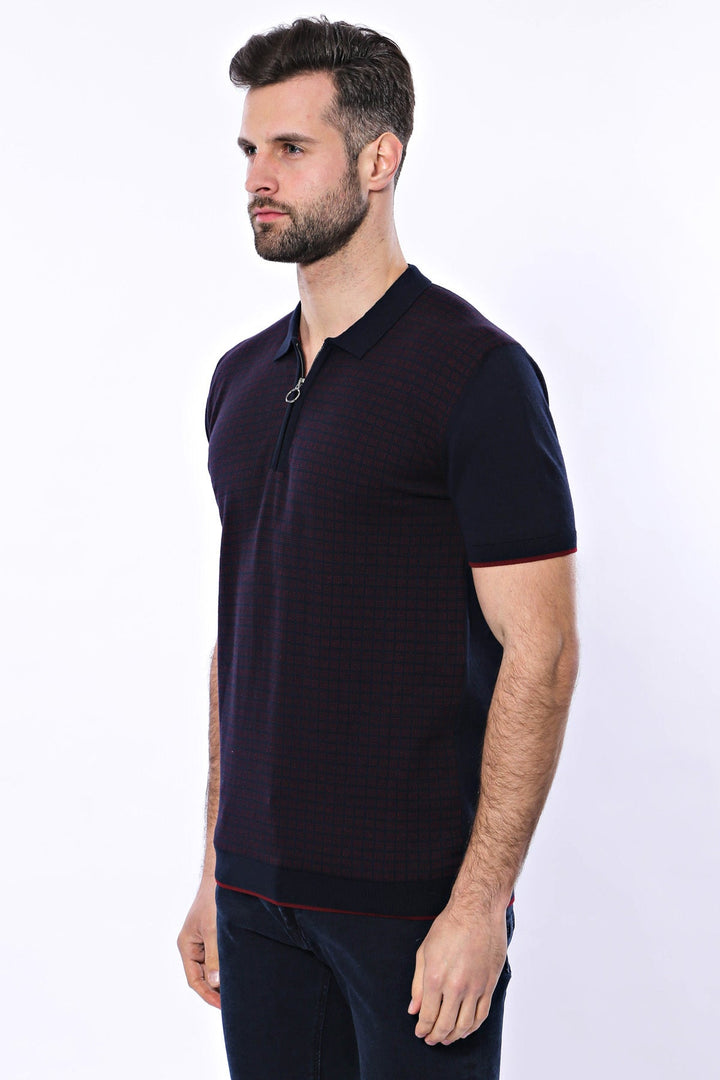 WSS Dark Blue Plaid Zippered Knitted Polo T-Shirt  - Singen