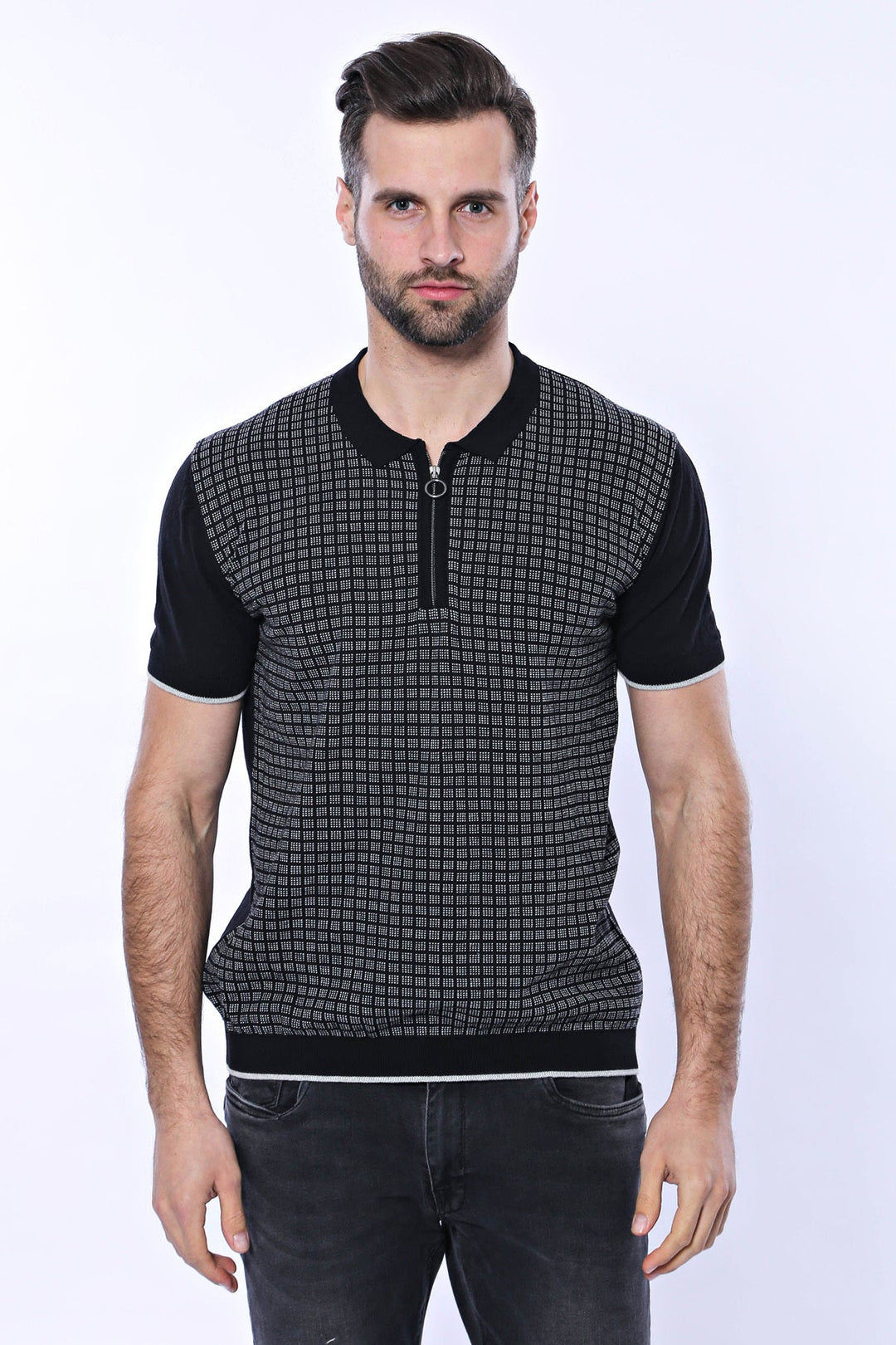 WSS Black Plaid Zippered Polo Knitted T-Shirt  - Singen