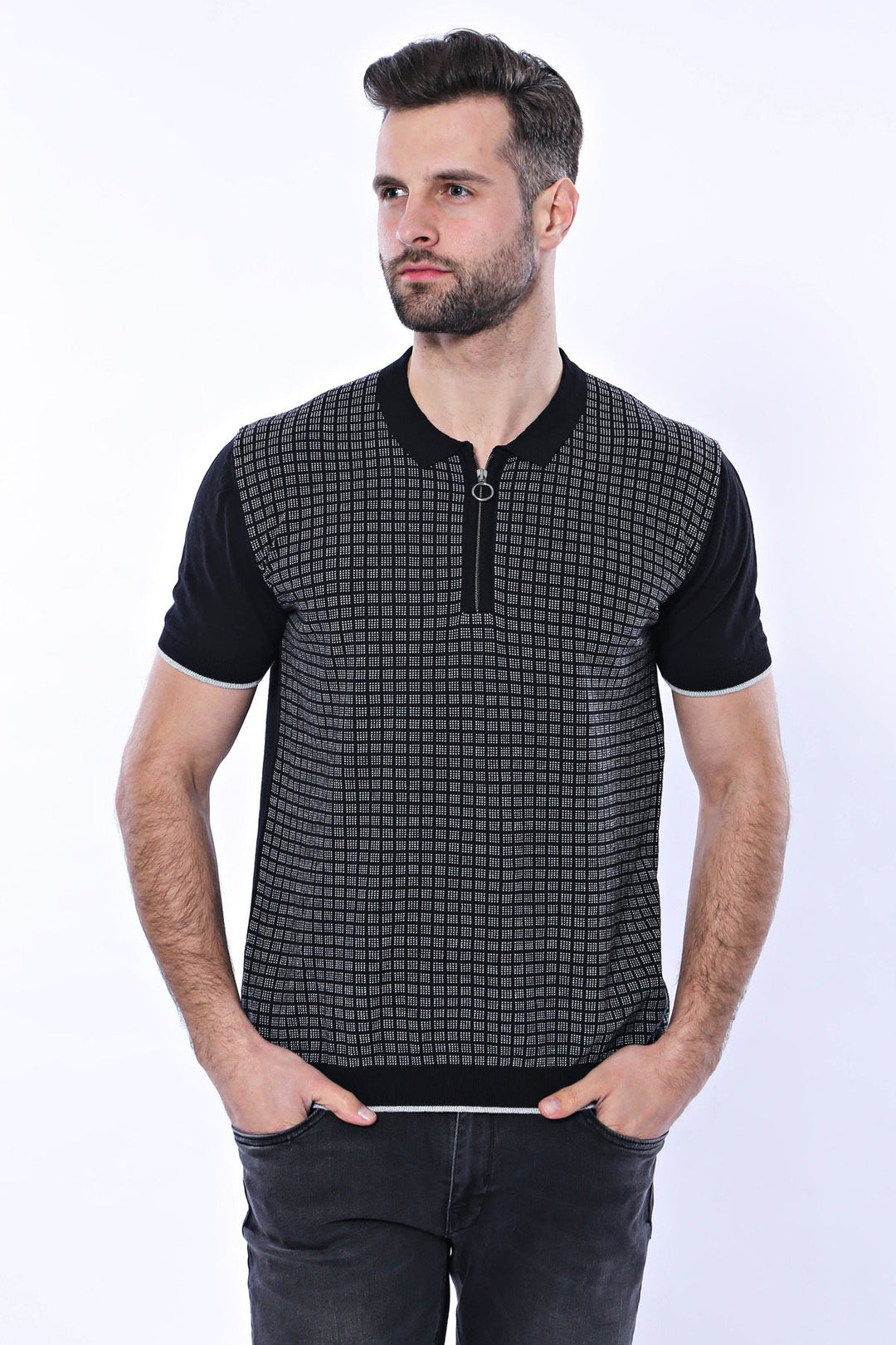 WSS Black Plaid Zippered Polo Knitted T-Shirt  - Singen