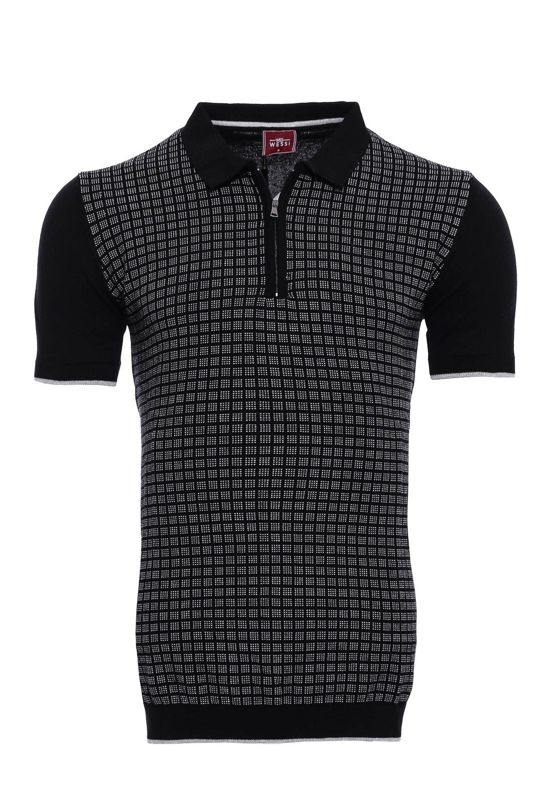 WSS Black Plaid Zippered Polo Knitted T-Shirt  - Singen