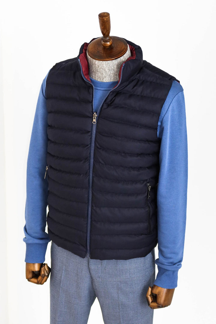 WSS Reversible Quilted Standing Collar Navy Blue Men Down Vest  - Singen