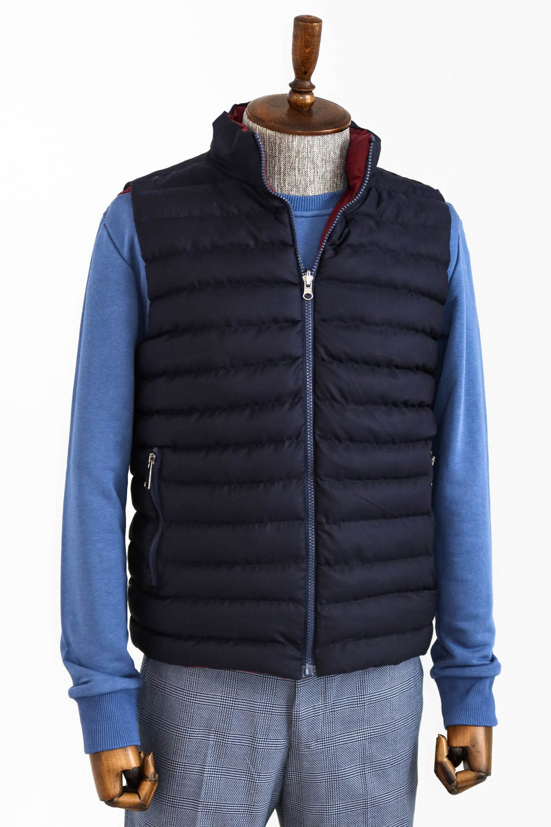 WSS Reversible Quilted Standing Collar Navy Blue Men Down Vest  - Singen