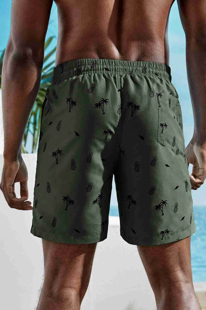 IGR Women Angelsin Men's Basic Standard Size Pineapple and Palm Printed Swim Shorts with Pockets Green - Moore