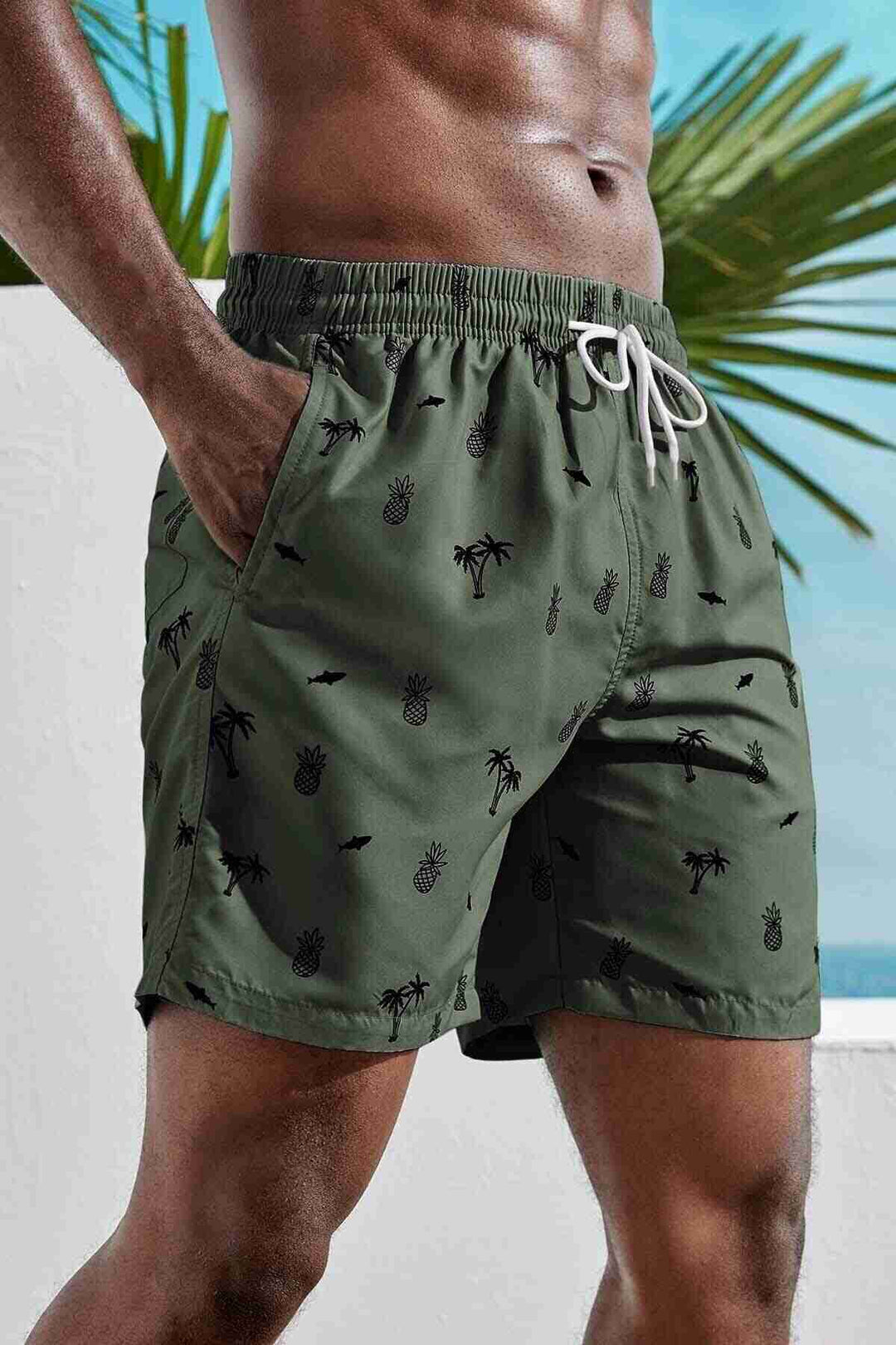 IGR Women Angelsin Men's Basic Standard Size Pineapple and Palm Printed Swim Shorts with Pockets Green - Moore