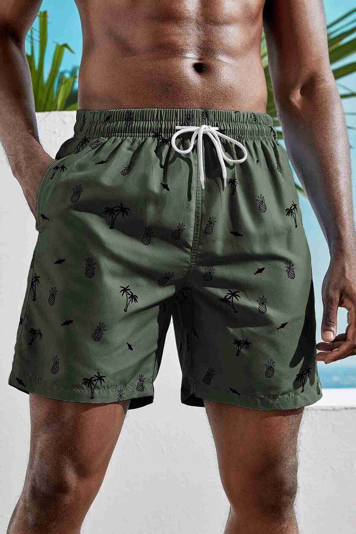 IGR Women Angelsin Men's Basic Standard Size Pineapple and Palm Printed Swim Shorts with Pockets Green - Moore