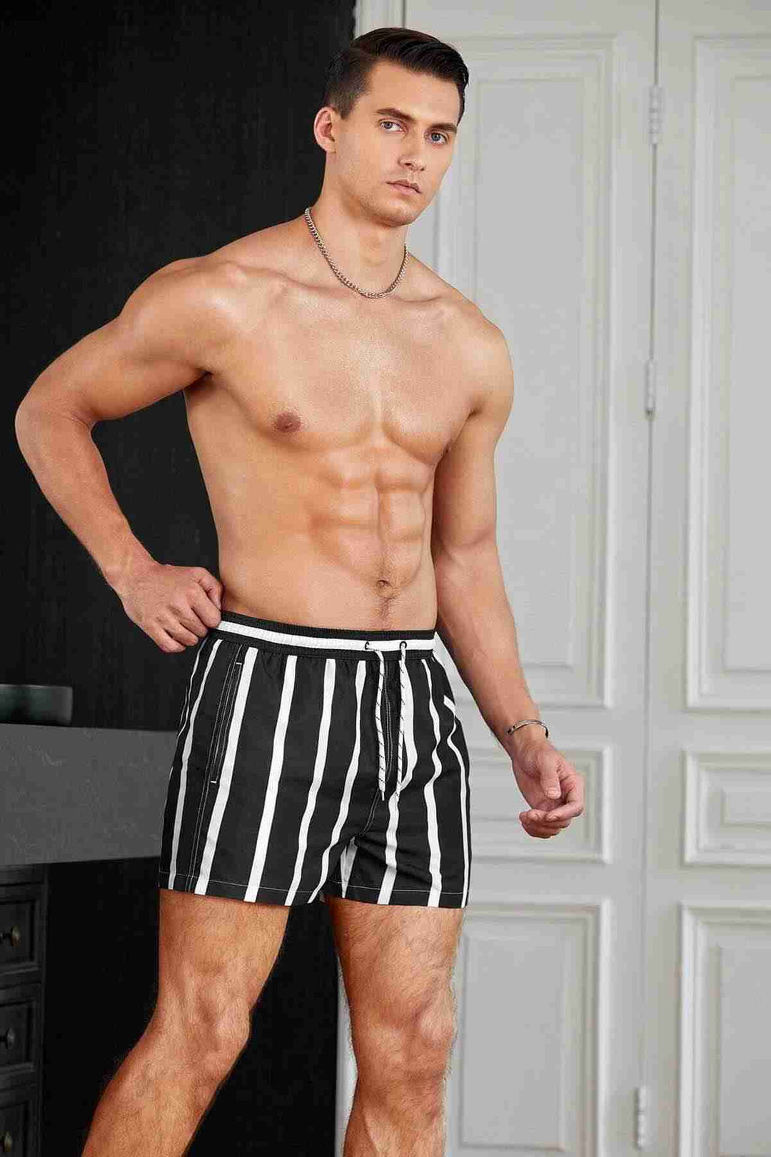 IGR Women Angelsin Men's Basic Standard Size Striped Printed Swim Shorts with Pockets Black - Ahlen