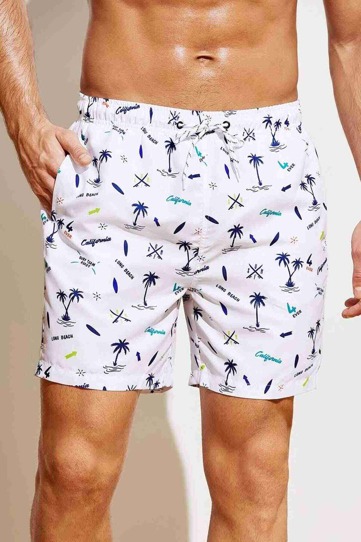 IGR Women Angelsin Men's Basic Standard Size Palm Tree Printed Swim Trunks with Pockets White - Wildwood