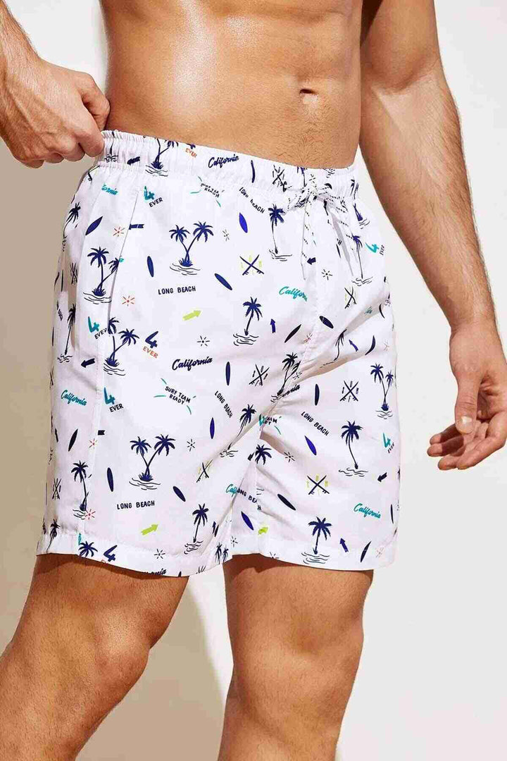 IGR Women Angelsin Men's Basic Standard Size Palm Tree Printed Swim Trunks with Pockets White - Wildwood