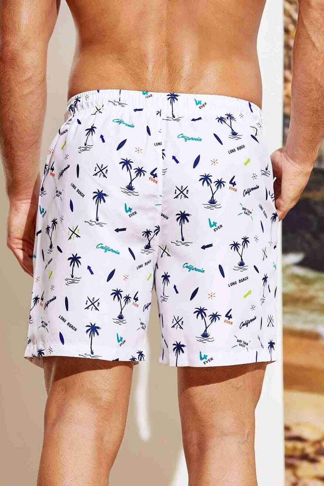 IGR Women Angelsin Men's Basic Standard Size Palm Tree Printed Swim Trunks with Pockets White - Wildwood