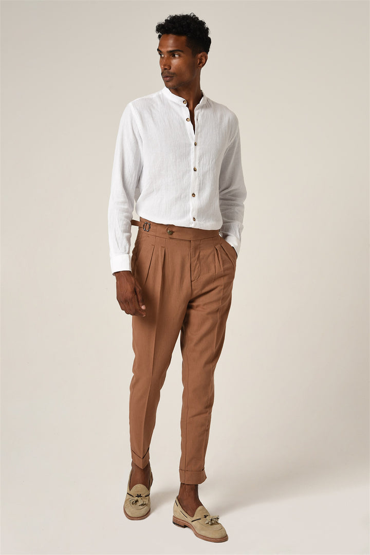 ANT High Waist Buckle Belt Pleated Linen Trousers - Santurce-Antiguo