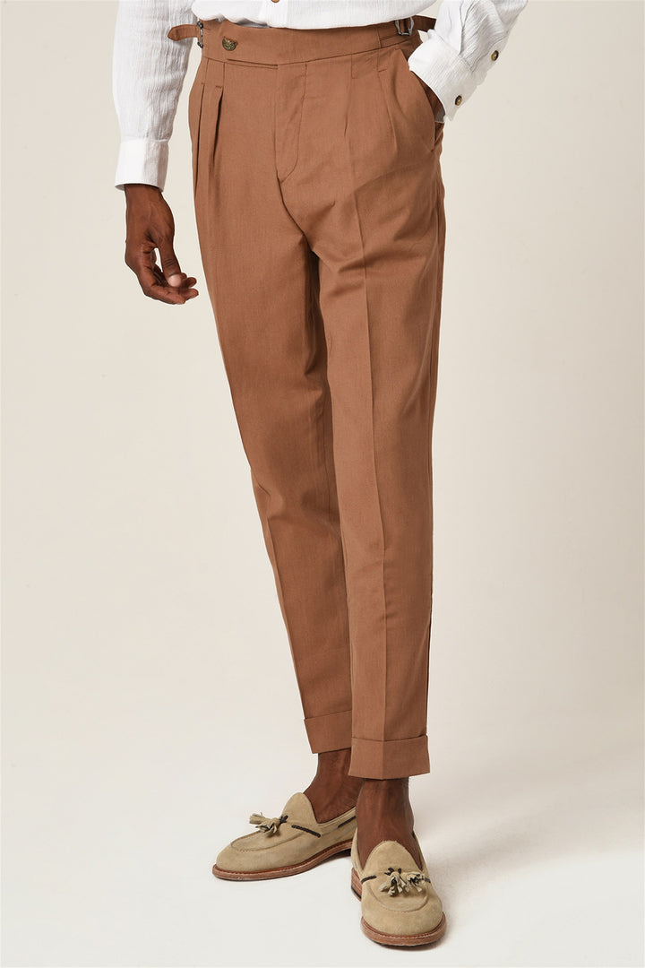 ANT High Waist Buckle Belt Pleated Linen Trousers - Santurce-Antiguo