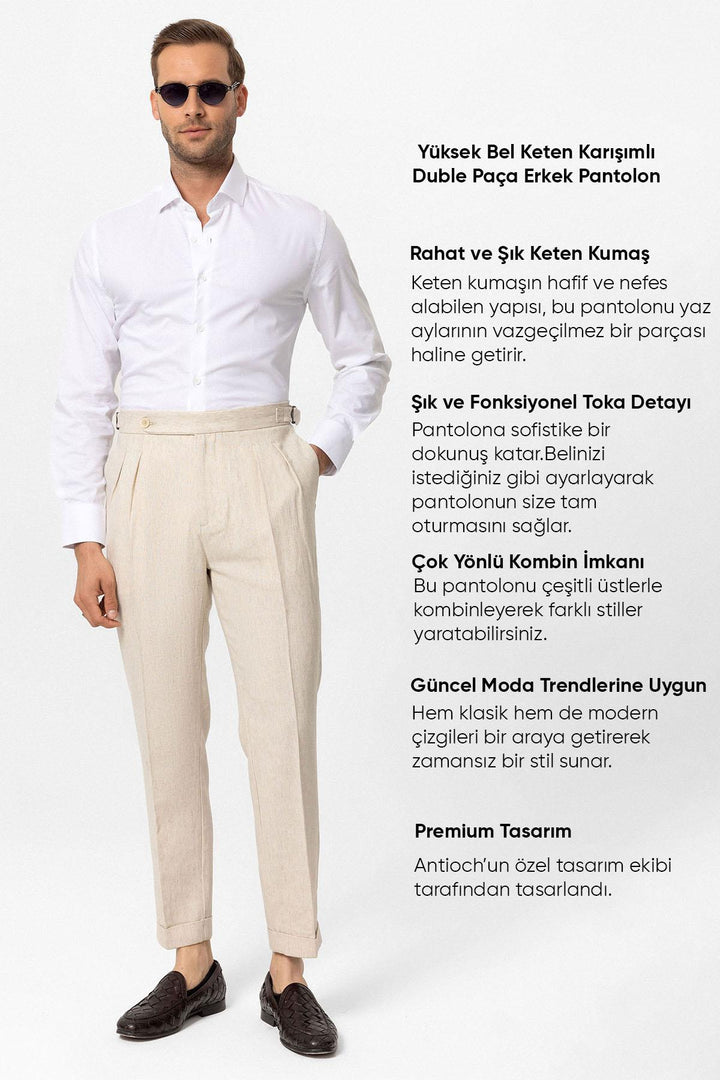 ANT High Waist Linen Blend Double Leg Men's Trousers - Ciudad de Huajuapam de León