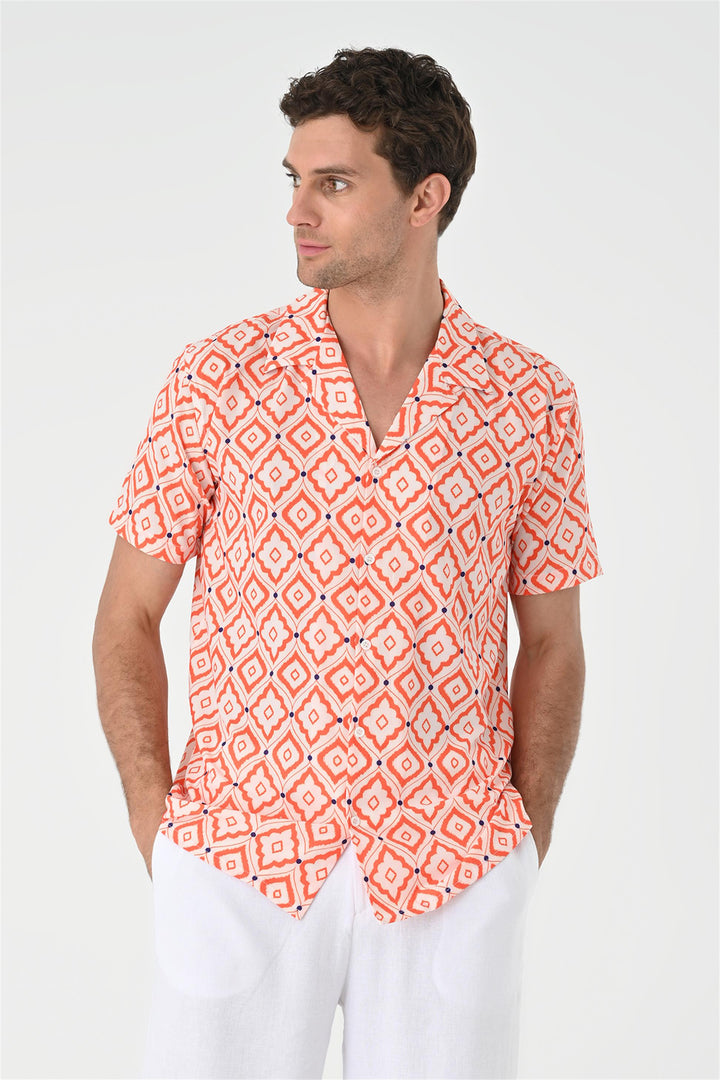 ANT Ethnic Patterned Short Sleeve Men's Shirt with Applique Collar - Ágioi Anárgyroi