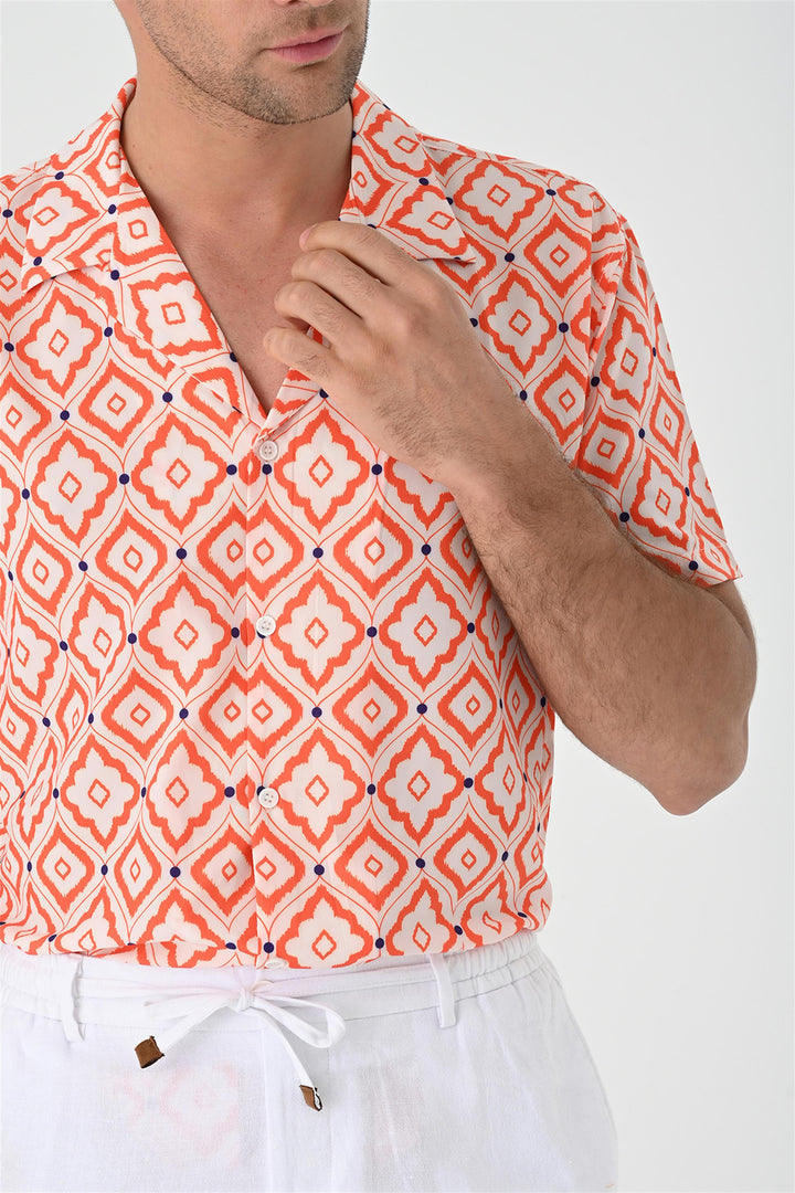 ANT Ethnic Patterned Short Sleeve Men's Shirt with Applique Collar - Ágioi Anárgyroi