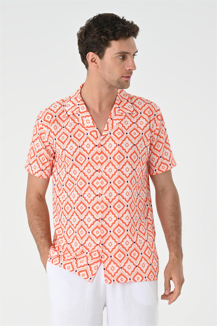 ANT Ethnic Patterned Short Sleeve Men's Shirt with Applique Collar - Ágioi Anárgyroi