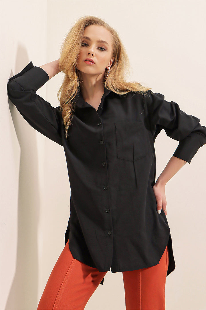 BGD Women Back Buttoned Boyfriend Shirt - Black - Avondale