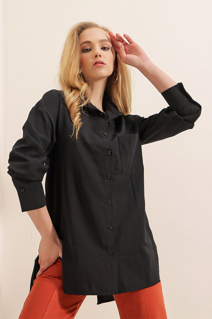 BGD Women Back Buttoned Boyfriend Shirt - Black - Avondale