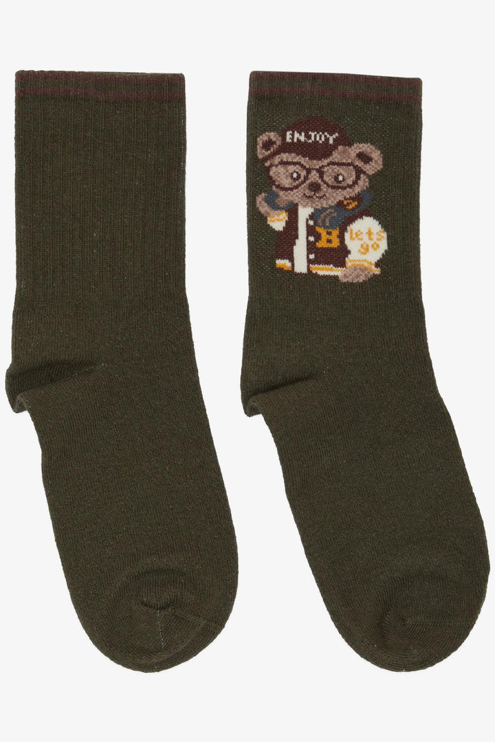 BRE Plus Boy Socks with Glasses Printed Cute Bear, 54 Years, Khaki Green - Calimaya