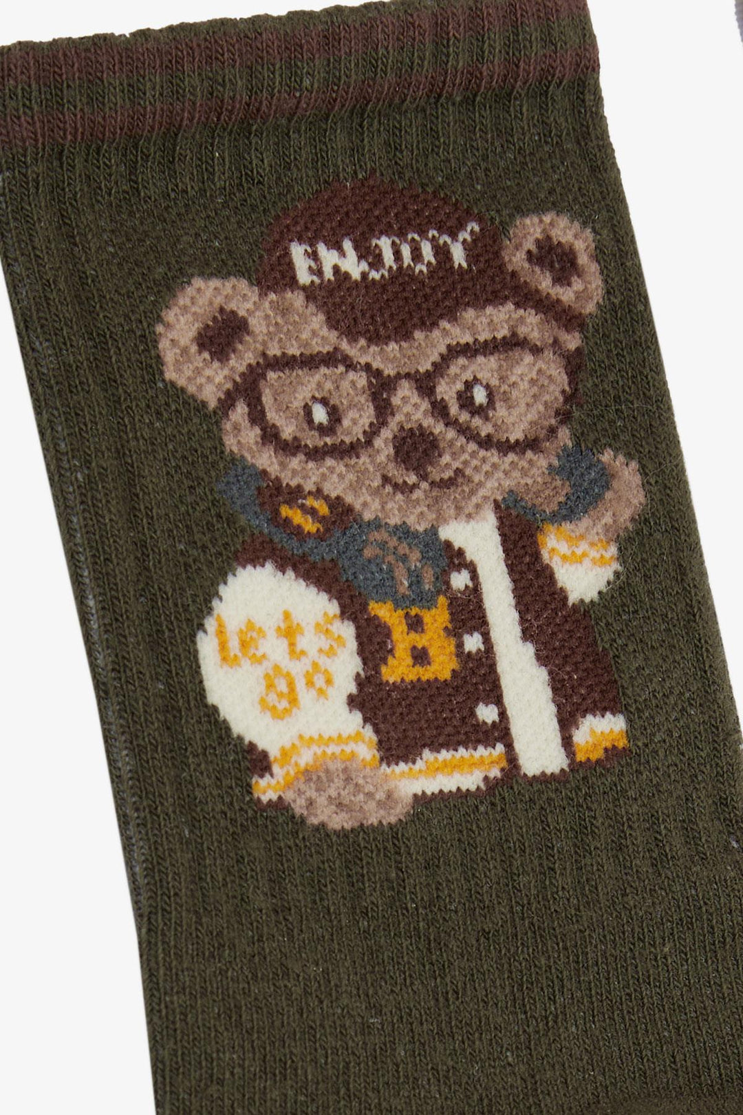 BRE Plus Boy Socks with Glasses Printed Cute Bear, 54 Years, Khaki Green - Calimaya