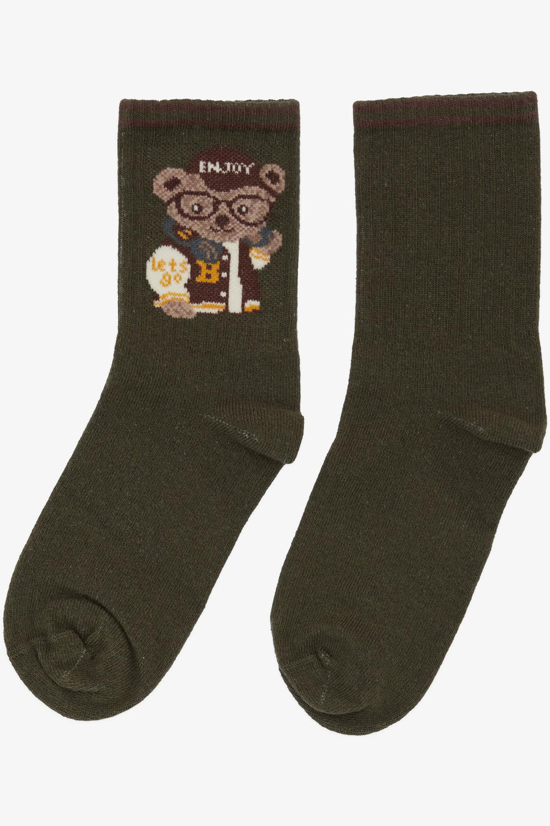 BRE Plus Boy Socks with Glasses Printed Cute Bear, 54 Years, Khaki Green - Calimaya