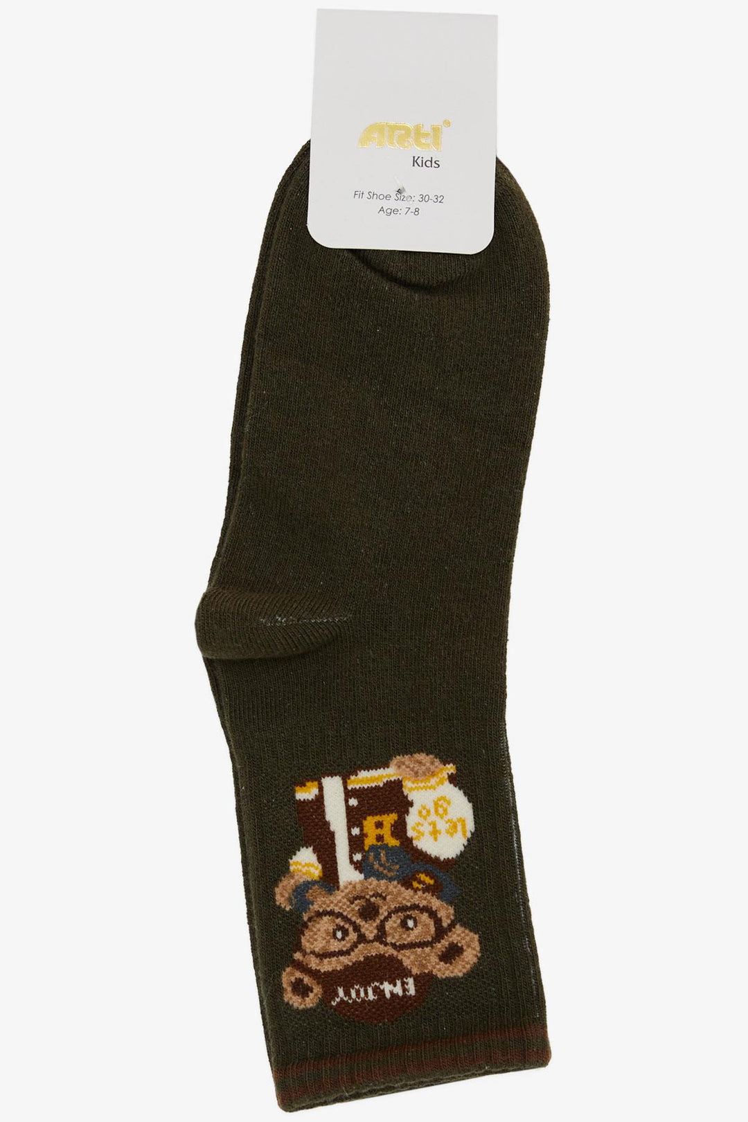 BRE Plus Boy Socks with Glasses Printed Cute Bear, 54 Years, Khaki Green - Calimaya