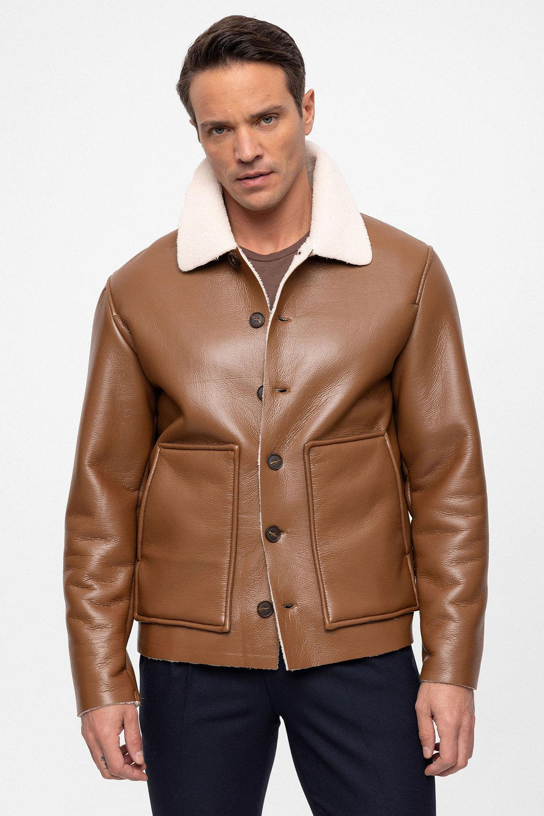 ANT Lining Detailed Faux Leather Men's Coat - Caluire-et-Cuire