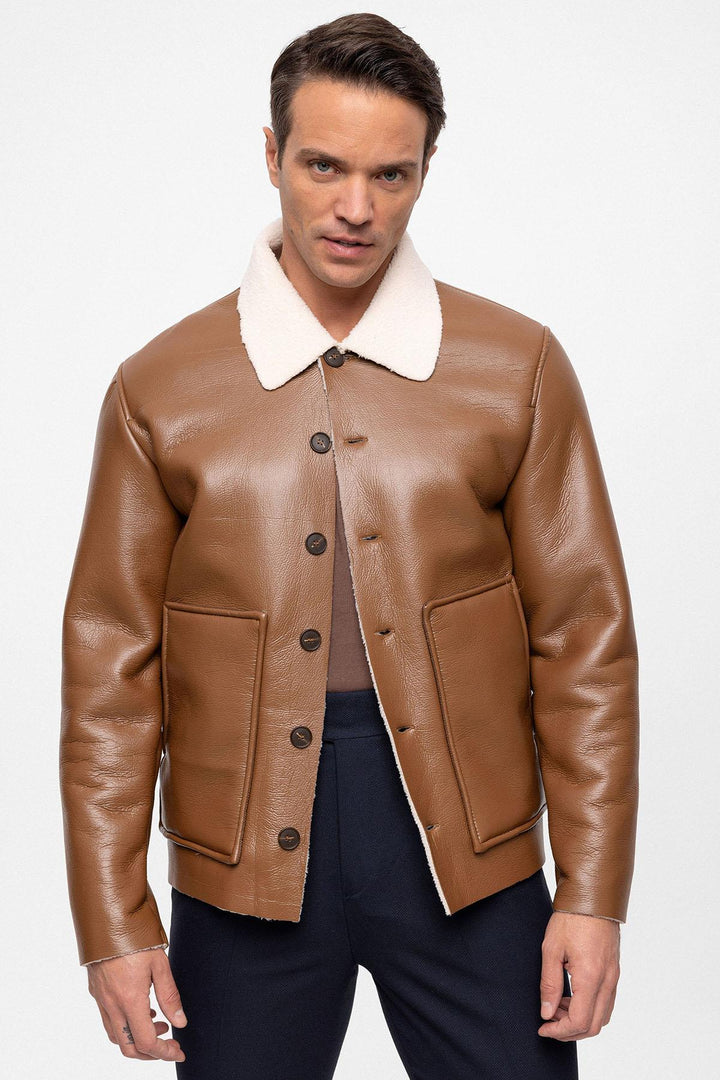 ANT Lining Detailed Faux Leather Men's Coat - Caluire-et-Cuire