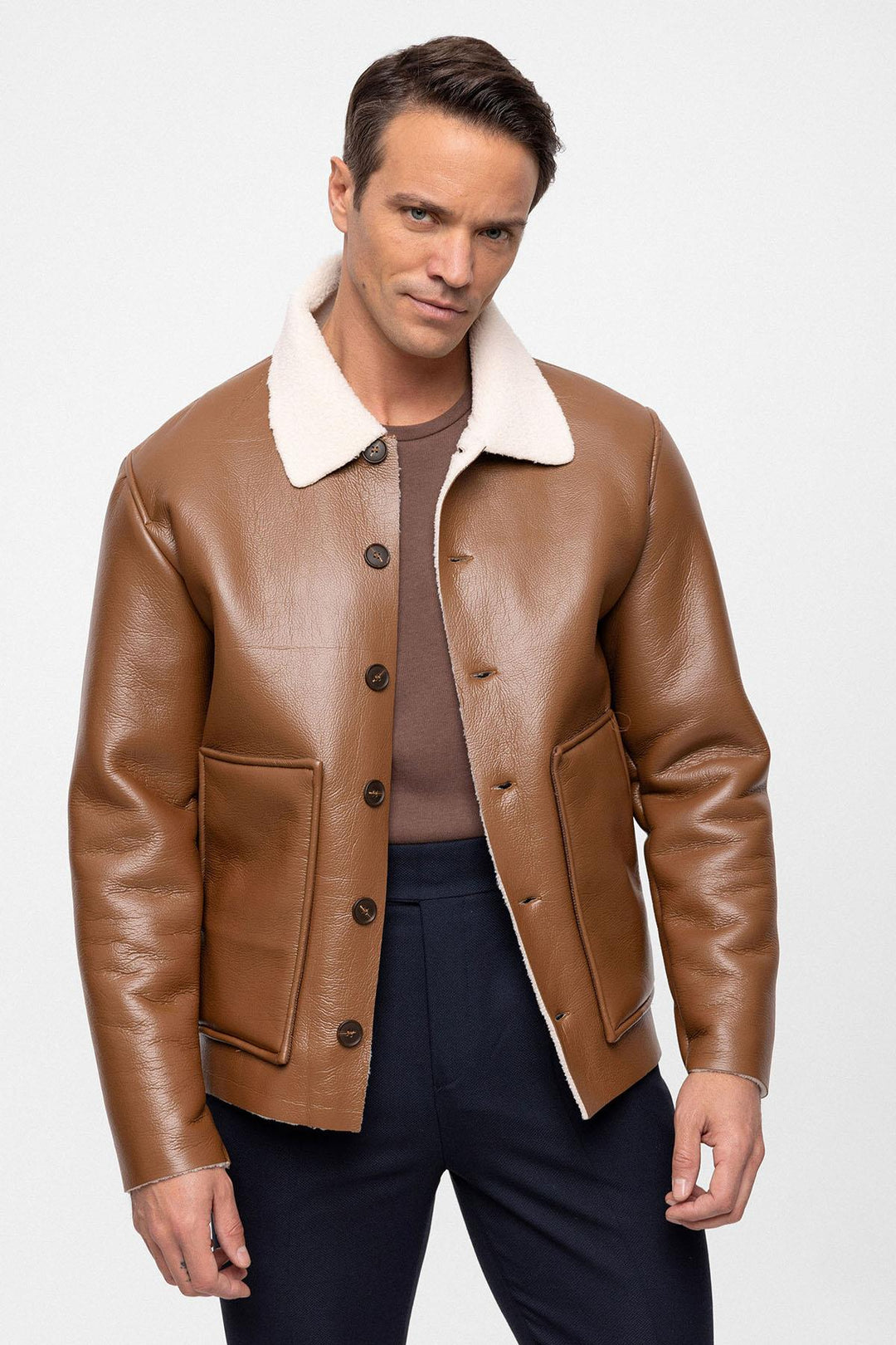 ANT Lining Detailed Faux Leather Men's Coat - Caluire-et-Cuire