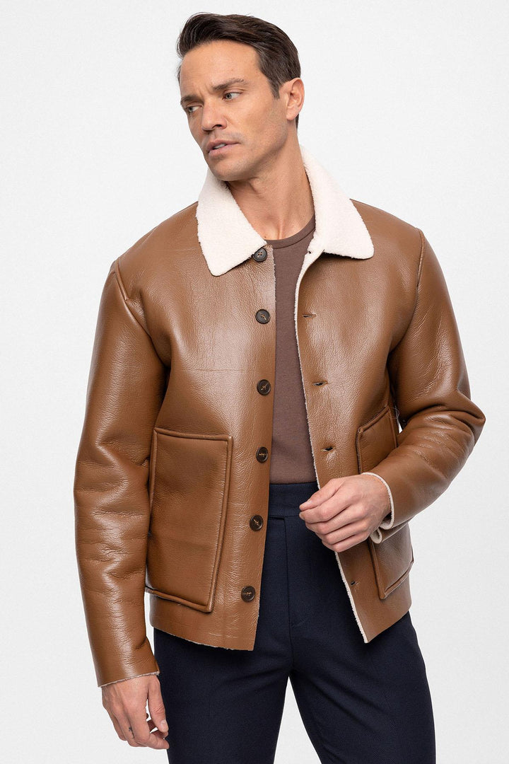 ANT Lining Detailed Faux Leather Men's Coat - Caluire-et-Cuire