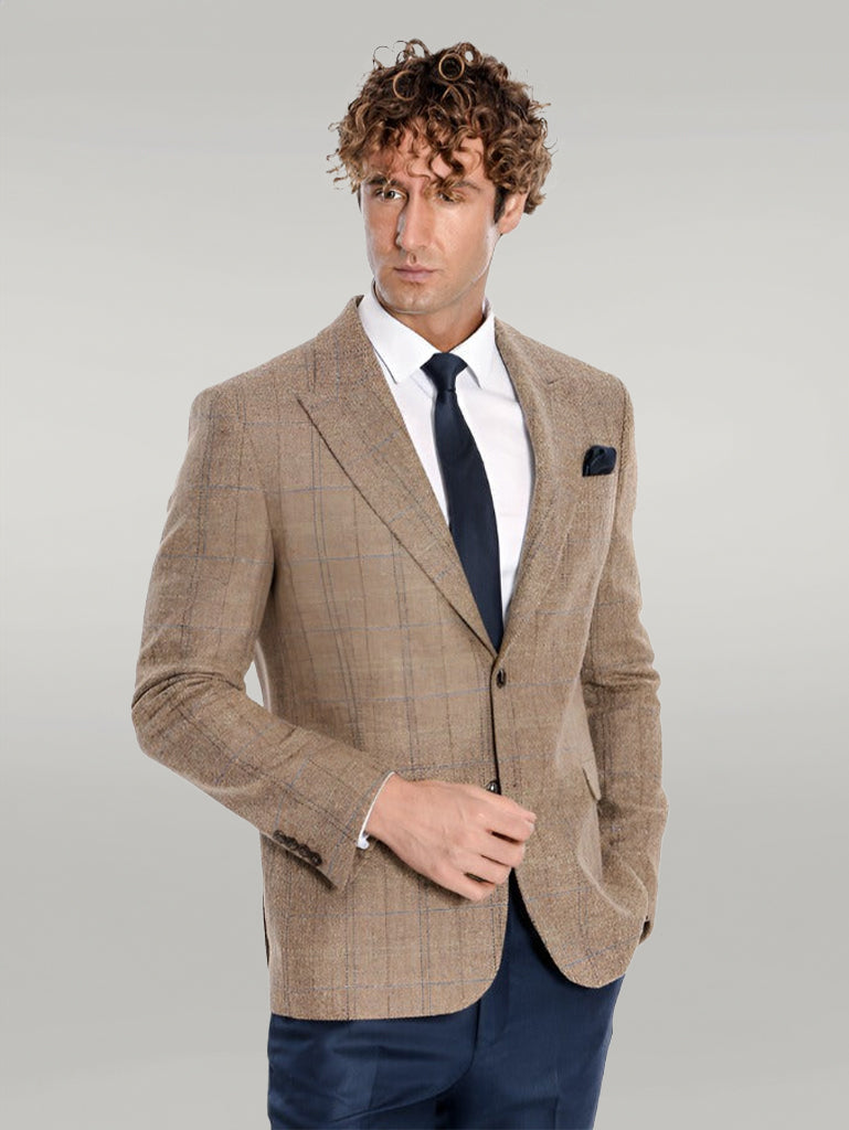 WSS Herringbone Slim Fit Wool Tan Men Blazer  - Singen