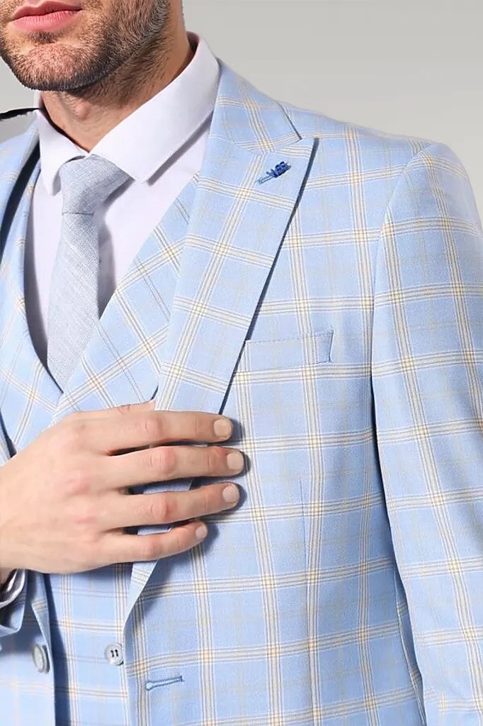 WSS Baby Blue Checked Three Pieces Of Suit  - Singen