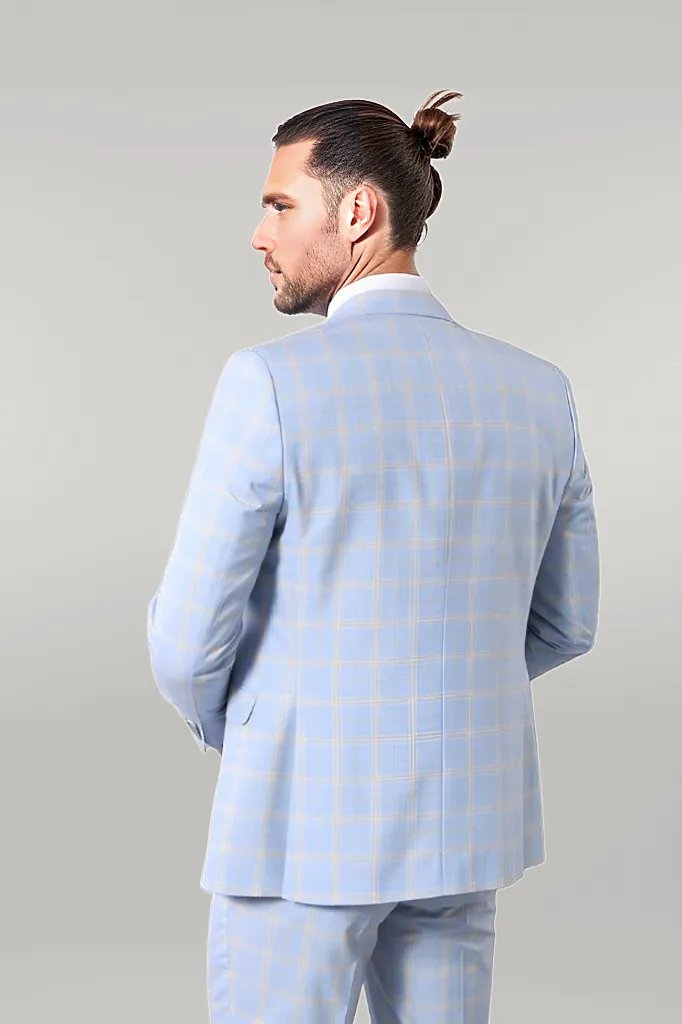 WSS Baby Blue Checked Three Pieces Of Suit  - Singen