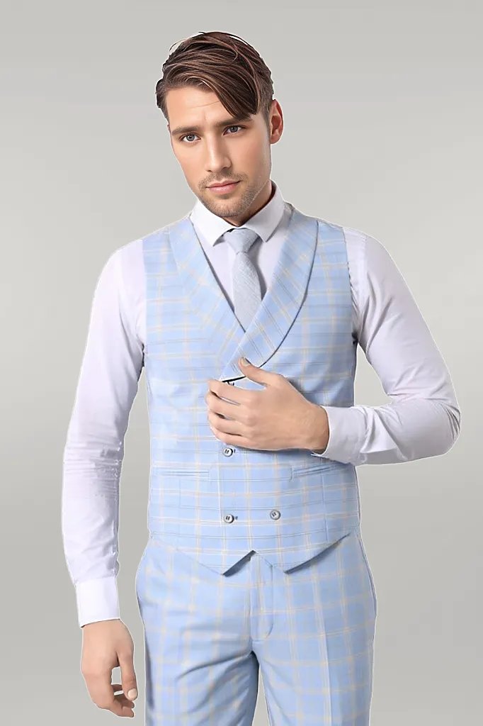 WSS Baby Blue Checked Three Pieces Of Suit  - Singen