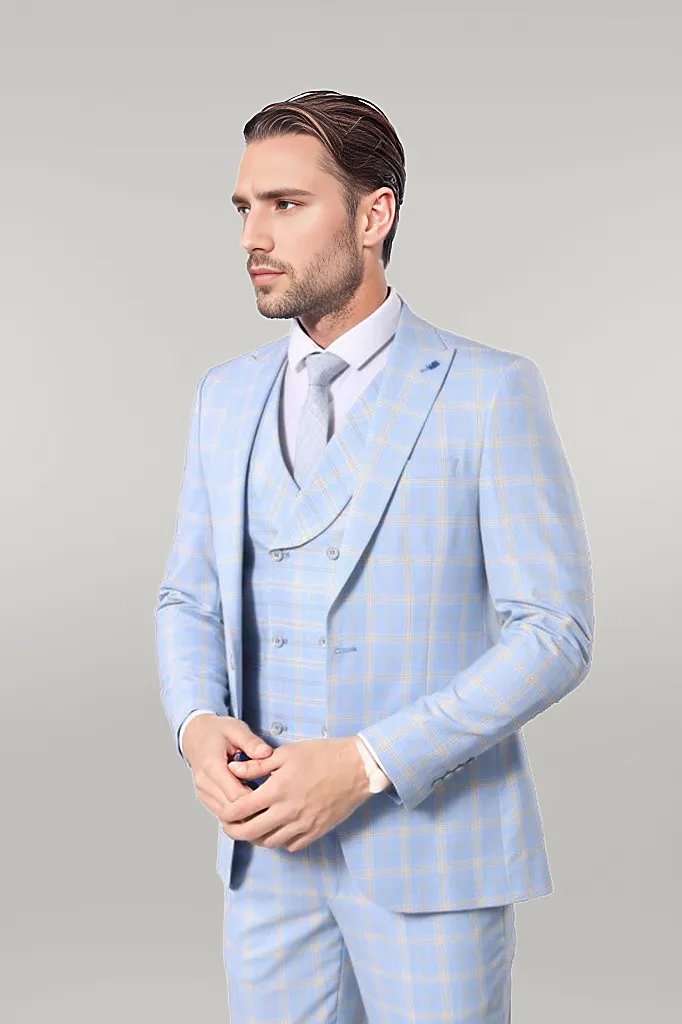 WSS Baby Blue Checked Three Pieces Of Suit  - Singen