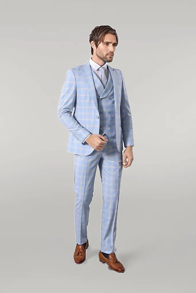 WSS Baby Blue Checked Three Pieces Of Suit  - Singen