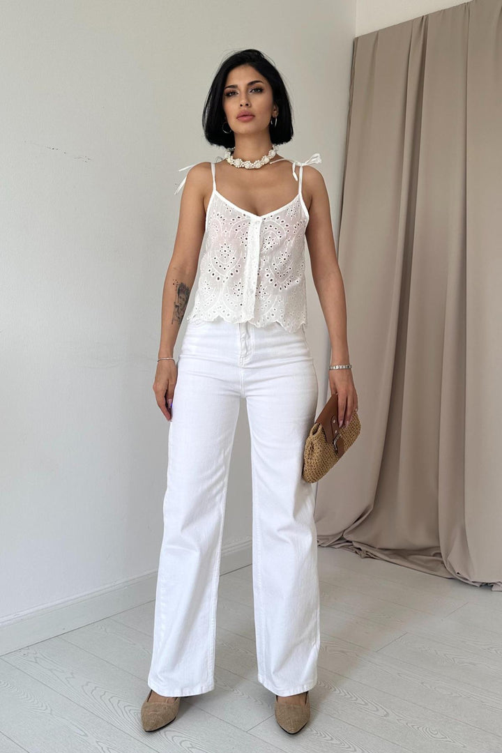 ELS Lace-Up Broderie Blouse - White - Craiova