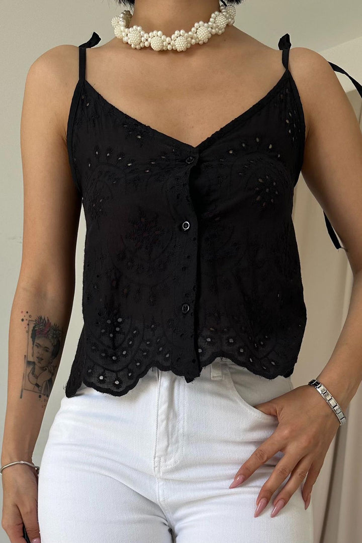 ELS Lace-Up Brocade Blouse - Black - Covina