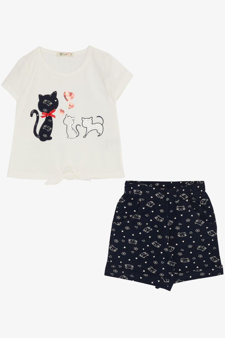 BRE Barmy Girl Child Belly Tied Detailed Shorts Set Shorts Set with Embroidered Kitty Embroidery, 3-7 Years, Ecru - Norderstedt