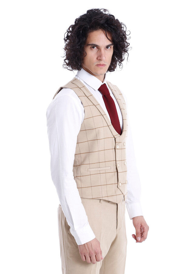 WSS Beige Men Vest Pants Set  - Singen