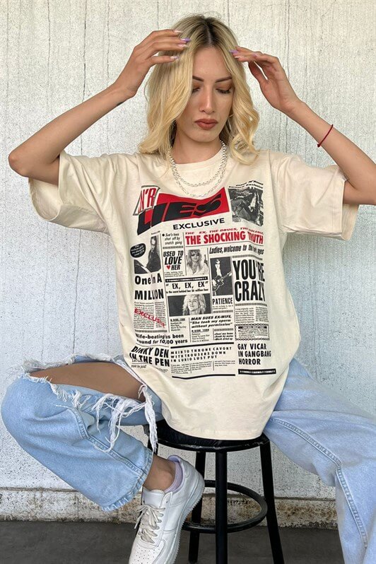 MDX Beige Back Printed Oversized Women's T-Shirt MG1506 - Rende