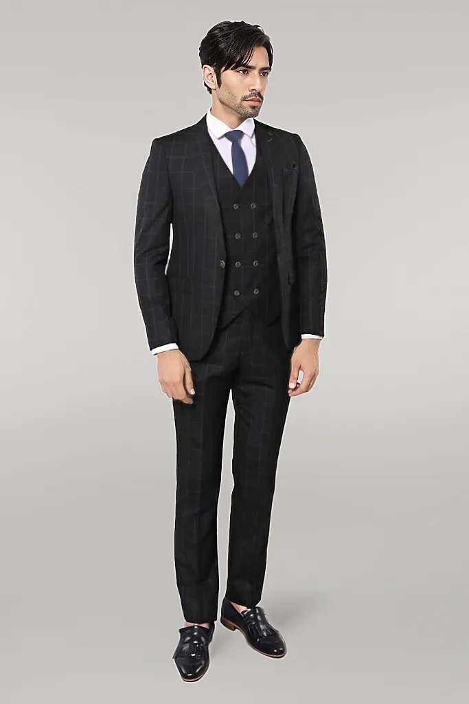 WSS Black Checked 3 Piece Linen Suit  - Singen